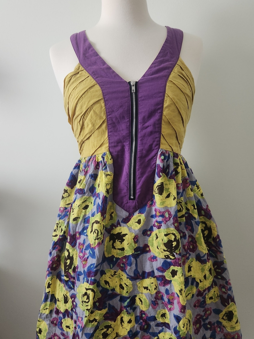 Purple and Yellow Floral V-Neck Zip Front Dress